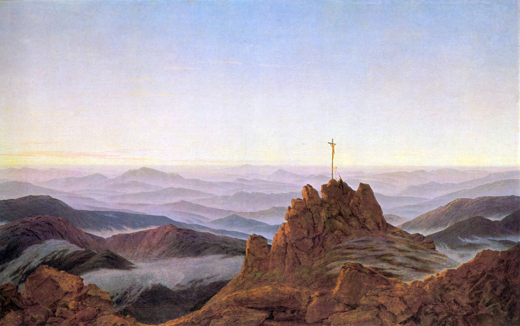 Caspar David Friedrich, „Morgen im Riesengebirge" (ca. 1810) — Kreuz auf dem Gipfel über Nebelmeer, Sinnbild des Gedenkens.
